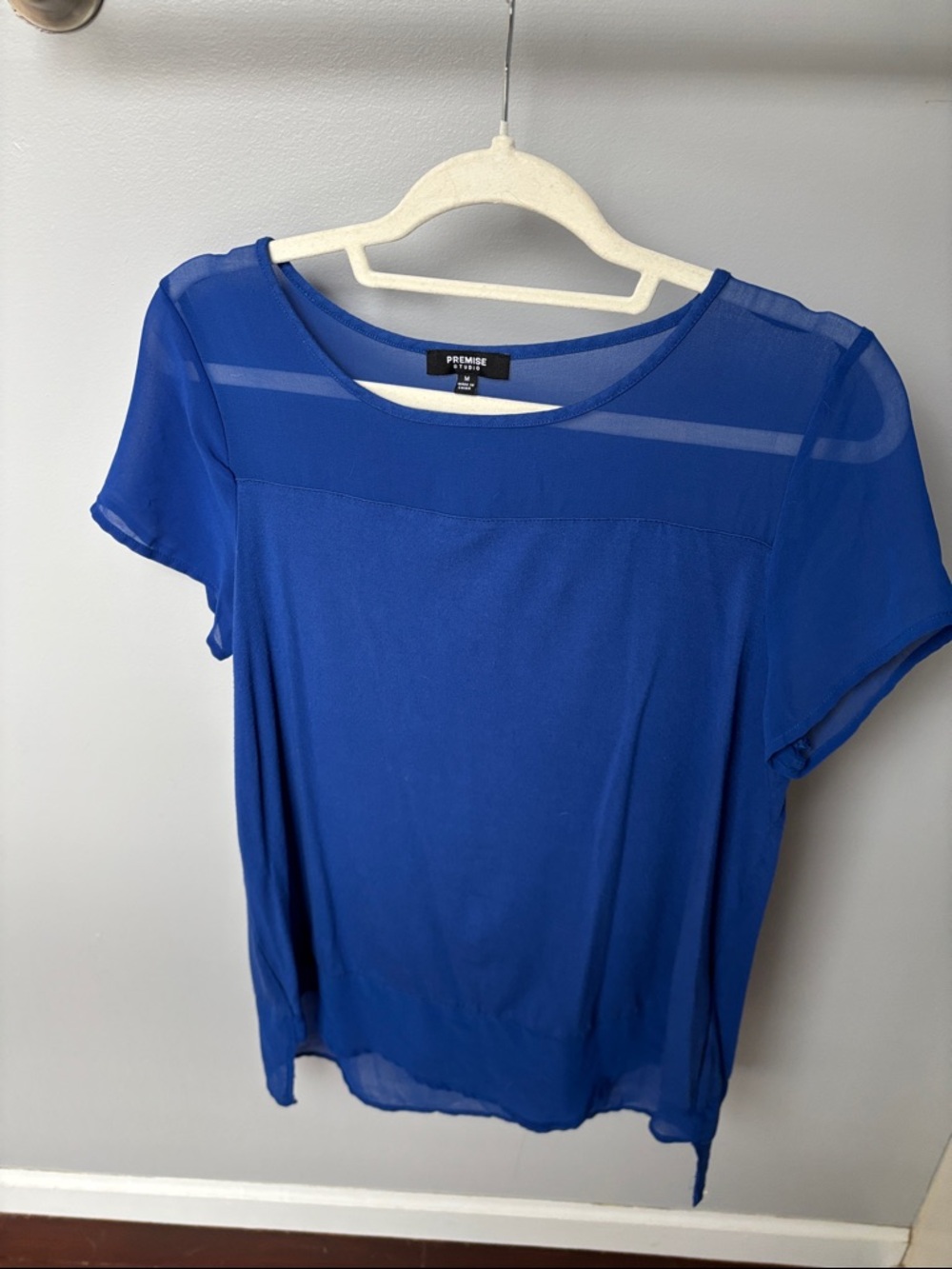 Premise Cobalt Blue Short Sleeve Sheer Yoke Blouse